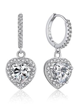 MomentWish Heart Dangle Earrings for Women-925 Sterling Silver Moissanite Huggie