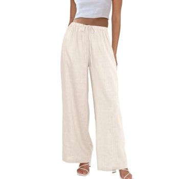 Duyang Womens Cotton Linen Palazzo Pants Drawstring Elastic Waist Casual Wide Le