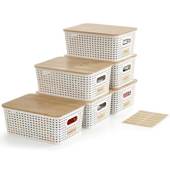 Bagnizer Small Plastic Storage Bins with Bamboo Lids 5.2qt Stackable Box Basket