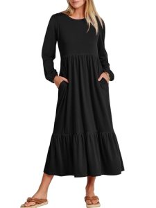 ANRABESS Womens Long Sleeve Crewneck Tiered Dress,Black,S