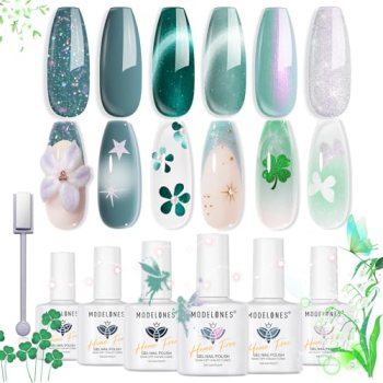 modelones Gel Nail Polish, 6 Colors Hema Free 9D Cat Eye Green Glass Sliver Gree