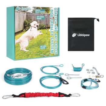 Libbipaw Dog Runner for Yard – 75ft Aerial Dog Run Cable System with Shock Absor