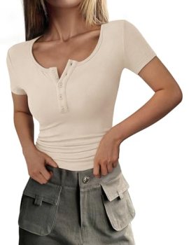PRETTYGARDEN Womens 2026 Summer Short Sleeve Tops Ribbed Henley Button Slim Fit
