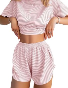 JUSTFASHIONNOW Womens Summer Pajama Sets Striped Print Short Sleeve Pajamas for