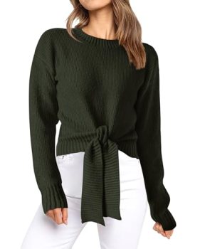Okiwam Women’s Long Sleeve Cropped Sweaters Casual Knit Pullover Tie Front Crew