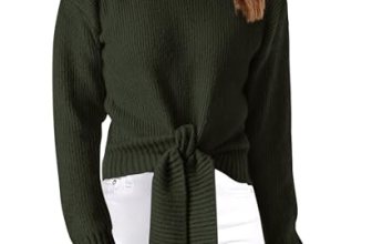 Okiwam Women’s Long Sleeve Cropped Sweaters Casual Knit Pullover Tie Front Crew