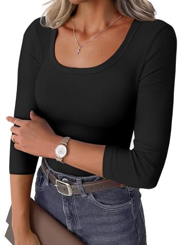 GKBK Womens 3/4 Sleeve Scoop Neck Tops Ribbed Knit Slim Fitted Casual…