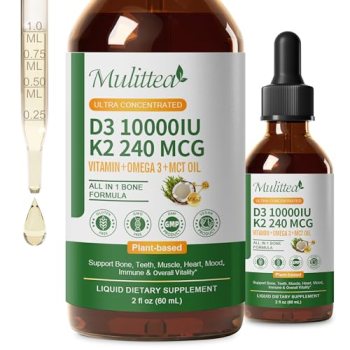 2 Pack Organic Vitamin D3 K2 Liquid 10000 IU w/ Vegan Omega-3 & Coconut MCT Oil