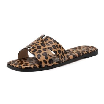 Rihero Women’s Dressy Flat Sandals Comfortable Slip On Leather Slide Leopard San