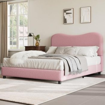 GarveeHome Queen Bed Frame with Boucle Fabric, Pink