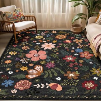 Washable Area Rugs, Floral Rug, Large Carpet for Living Room Bedroom,8’x 10′,Bla
