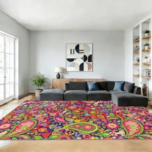 Area Rugs Boho Hippie Flowers Modern Neutral Large Living Room Carpet Retro 70s