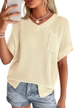 PRETTYGARDEN Women’s 2026 Spring Short Sleeve Sweaters Lightweight V Neck Casual