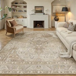 WondRg 9×12 Washable Area Rug Beige Non Slip Retro Carpet