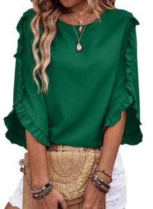 EVALESS 3/4 Length Sleeve Womens Tops Dressy Casual Blouses Cute Crewneck Ruffle