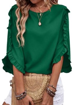 EVALESS 3/4 Length Sleeve Womens Tops Dressy Casual Blouses Cute Crewneck Ruffle