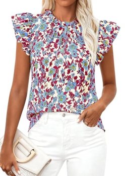 PRETTYGARDEN Women’s Ruffle Short Sleeve Summer Tops 2026 Trendy Floral Trim Nec