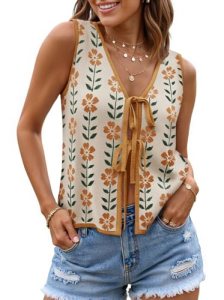 ZESICA Women’s Tie Front Sweater Vest Summer Print Sleeveless Knit Y2k Tank Tops