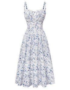 Women Floral Corset Dress Summer Milkmaid Sundress White Blue Floral XL