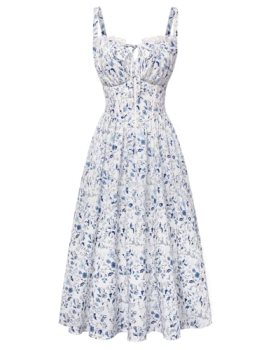 Women Floral Corset Dress Summer Milkmaid Sundress White Blue Floral XL