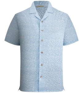 Mens Seersucker Button Down Short Sleeve Beach Shirts,Blue w/ White Dots,S