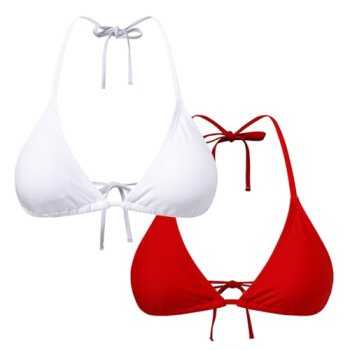 Herseas Women’s 2 Pack Sexy White Triangle Bikini Tops Halter Red Swimsuit Tops