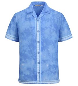 Mens Linen Blend Short Sleeve Vintage Printed Beach Shirts,Blue Dye,XL