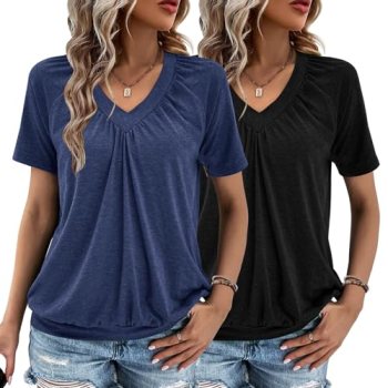 2 Pack Summer Tops for Women V Neck Short Sleeve Casual Ruched Tops Women T Shir