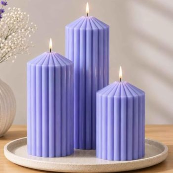 Ribbed Pillar Candles Set of 3, Width 3″ High 4″ 6″ 8″ Large Soy Wax Lavender Sc