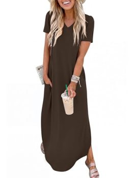 ANRABESS Women’s Summer Maxi Dress V Neck Short Sleeve Slit Side Shirt Dress Loo