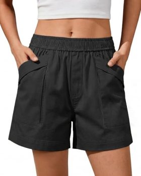 Bsubseach Shorts for Women Casual Cotton Wide Leg Elastic Waist Flowy Shorts wit