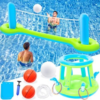Jasonwell Pool Toys Games Set – 3 in 1 Pool Volleyball Net Basketball Hoop Ring