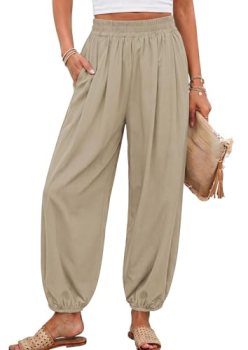 PRETTYGARDEN Womens 2026 Summer Casual Pants High Waisted Loose Wide Leg Palazzo