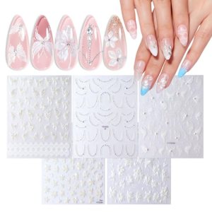 Modelones Nail Stickers, 3D Embossed Lace Pearls Nails Supplies Butterfly Nail A