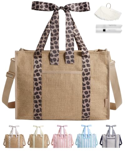 BAGSMART Beach Tote Bag for Women (Khaki Brown Leopard Print, 21L Jute)