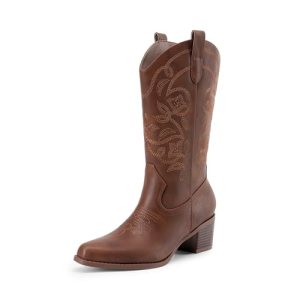 DREAM PAIRS Women’s Western Mid Calf Boots Cowboy,Brown,9
