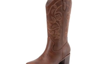 DREAM PAIRS Women’s Western Mid Calf Boots Cowboy,Brown,9