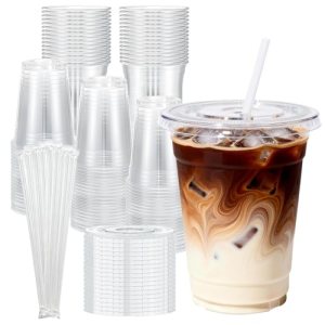 SHUASHUAM Plastic Cups with Lids and Straws：𝟏𝟎𝟎 𝐏𝐚𝐜𝐤 𝟏𝟔 𝐨𝐳 Clear Disposable iced