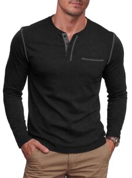 NITAGUT Mens Long Sleeve Henley Shirts Slim Fit Cotton T-Shirt with Pocket