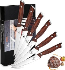 imarku 9″ Steak Knife Set of 6, Japanese High Carbon Stainless Steel, Serrated E
