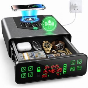 Biometric Smart Gun Safe with Wireless Charging, Voice Unlock Drawer Safe