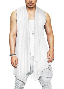 Coofandy Mens Ruffle Shawl Collar Sleeveless Long Cardigan Vest, White, Medium