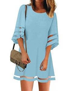 LookbookStore Summer Light Blue Dress 3/4 Sleeve Casual Tunic Dress Bell Sleeve