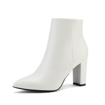 DREAM PAIRS Women’s Chunky Heel Ankle Booties,White/Pu,5.5