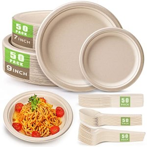 Gezond 250Pcs Disposable Paper Plates Compostable Plates and Utensils