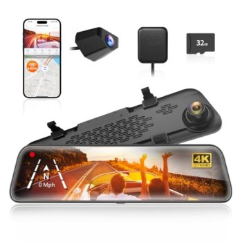 WOLFBOX G840S 12″ 4K Mirror Dash Cam Backup Camera with 32GB Card and GPS