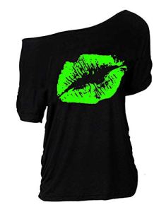 MAGICMK Women Casual Plus Size Lips Print Off Shoulder T-Shirt Tops (Black+GRLIP