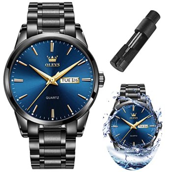 OLEVS Watch Men Black Stainless Steel Waterproof Blue Mens Watches Large Face Dr