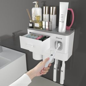 iHave Toothbrush Holders Wall Mounted with Toothpaste Dispenser & 2 Cups
