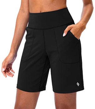 SANTINY Bermuda Shorts for Women with Pockets Athletic Black